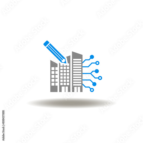 Vector illustration of skyscraper with pencil and circuit. Icon of BIM Building Information Modeling.