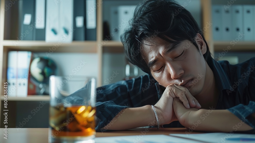 Stressed asian businessman holding a glass of whiskey he sleeping and Data Charts,business document Stressed asian businessman holding a glass of whiskey he sleeping and Data Charts,business document