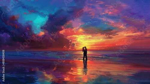  romantic sunrise over a couple embracing on a beach  with the silhouette of their figures against the backdrop of the colorful sky.