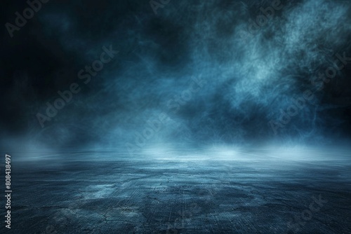 Abstract dark background with smoke and blue light rays on asphalt road