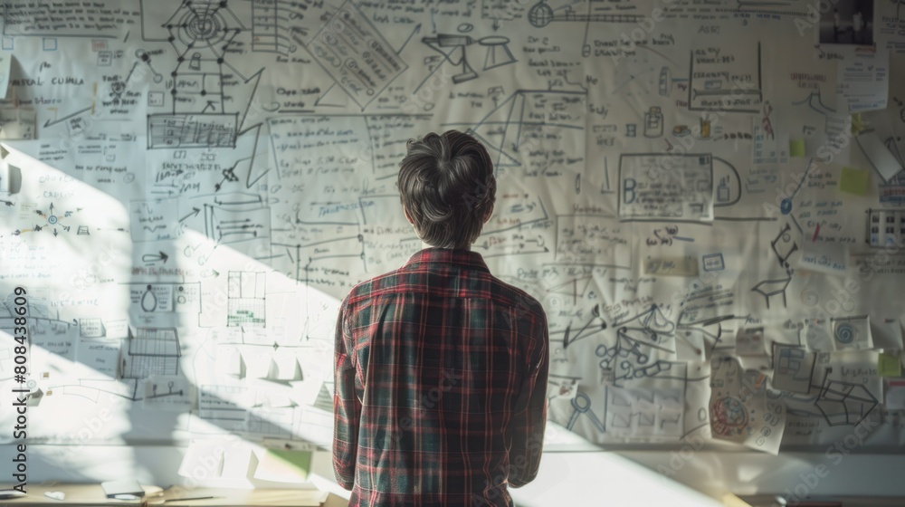 university student, lost in deep thought, sketches out a groundbreaking robotic design on a whiteboard, their creativity flowing freely. university student, lost in deep thought, sketches out a groundbreaking robotic design on a whiteboard, their creativity flowing freely.