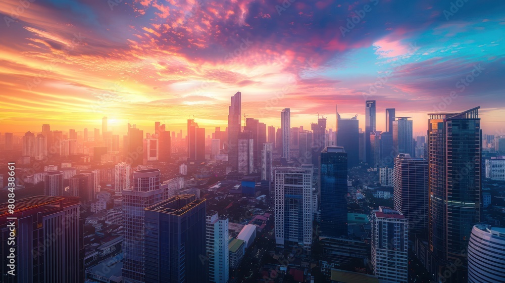 vibrant sunrise over a bustling cityscape, with the skyscrapers bathed in the warm glow of the morning light. vibrant sunrise over a bustling cityscape, with the skyscrapers bathed in the warm glow of the morning light.