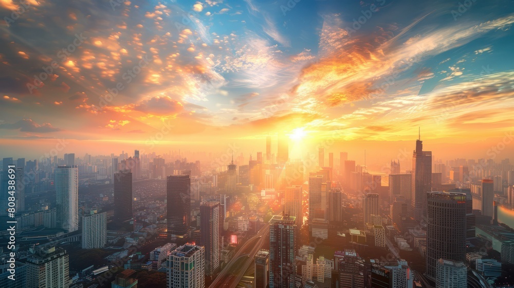 vibrant sunrise over a bustling cityscape, with the skyscrapers bathed in the warm glow of the morning light. vibrant sunrise over a bustling cityscape, with the skyscrapers bathed in the warm glow of the morning light.