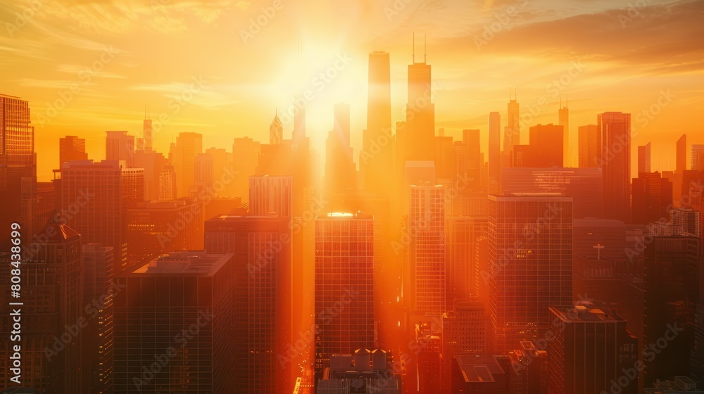 vibrant sunrise over a bustling cityscape, with the skyscrapers bathed in the warm glow of the morning light.