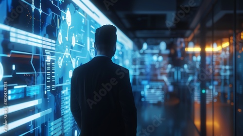 A businessman remotely accessing a secure server farm using a holographic interface projected onto his office wall. © Graphica Galore