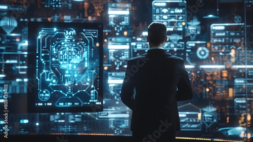A businessman reviewing a holographic timeline of past cyber attacks and their corresponding response strategies.