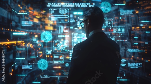 A businessman reviewing a holographic timeline of past cyber attacks and their corresponding response strategies. photo