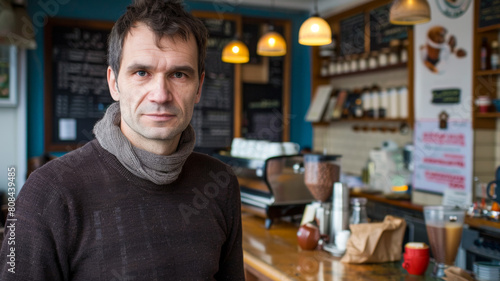 coffee shop owner standing in front of a coffee bar