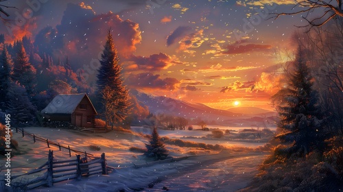 Sunset landscape warm nostalgic in Northern snowfall. Generative AI