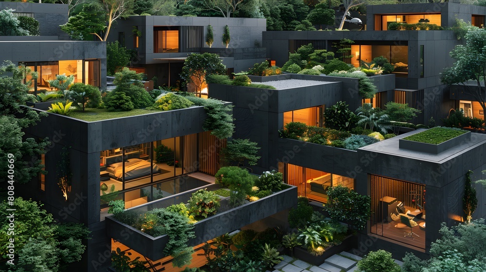 An array of contemporary black townhouses with open-concept layouts, green roofs, and private entrances surrounded by ornamental plants.