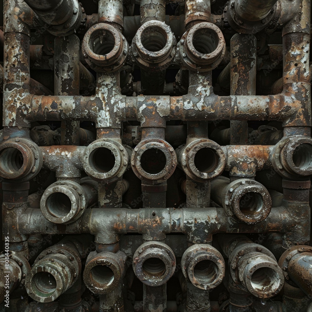 Pipes of an old rusty industrial machine. AI.