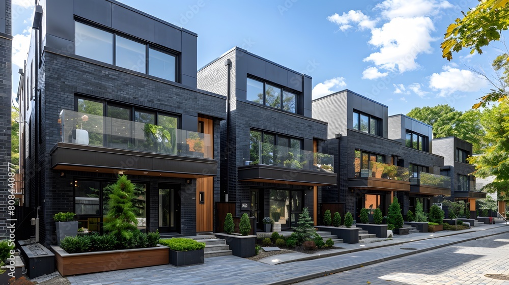 An array of modern black townhouses with sharp geometric designs, glass railings, and landscaped front patios facing a cobblestone street.