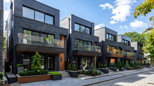 An array of modern black townhouses with sharp geometric designs, glass railings, and landscaped front patios facing a cobblestone street. © Love Mohammad