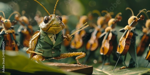 A green cricket wearing a suit and tie conducts a grasshopper orchestra. AI. photo