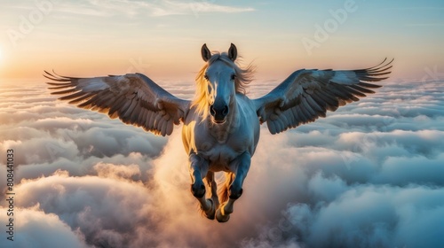 A majestic winged horse flies through the clouds. AI.