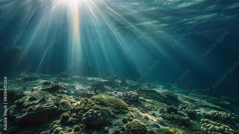sun rays under water landscape, seascape fresh water river diving sun rays under water landscape, seascape fresh water river diving