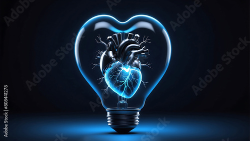 A human neon anatomical heart reactor inside a light bulb with a blue background and 3D model of a human heart