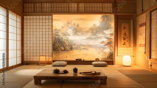 An elegant living room with a low wooden sideboard, soft tatami flooring, and a vertical wall scroll depicting a Japanese landscape.
