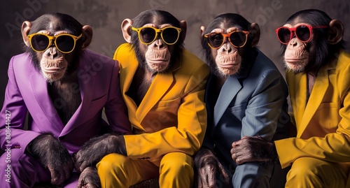 monkeys in colorful suits and sunglasses posing for the camera, Group of apes in funky Wacky wild mismatch colorful outfits photo