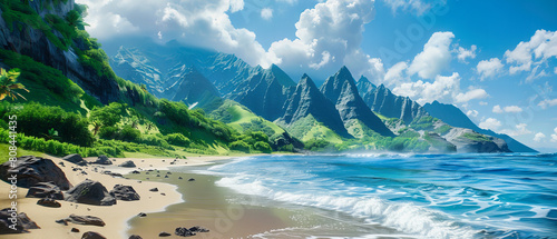 Scenic View of Oahus Coastline, Tropical Paradise with Lush Mountains and Clear Blue Water photo