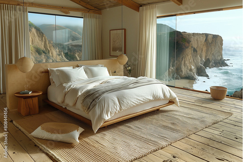Panoramic view of a plush  minimalist bedroom in a coastal retreat  with earthy tones and textures  capturing early morning light and nature integration.