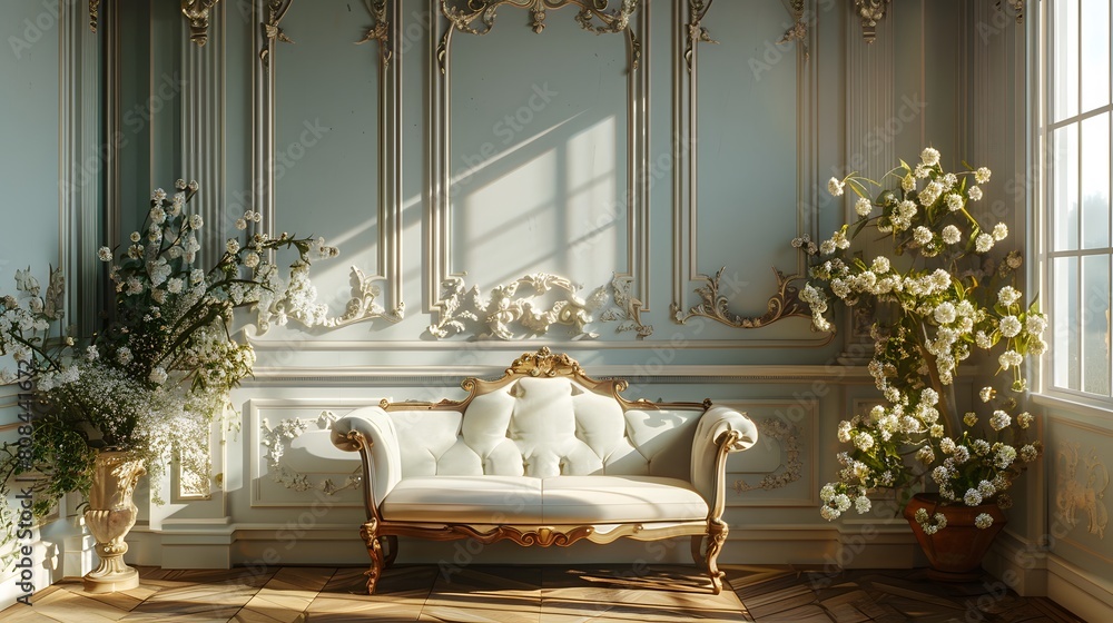 An elegant settee surrounded by sculpted wall moldings in a pastel-hued room overlooking a peaceful meadow.
