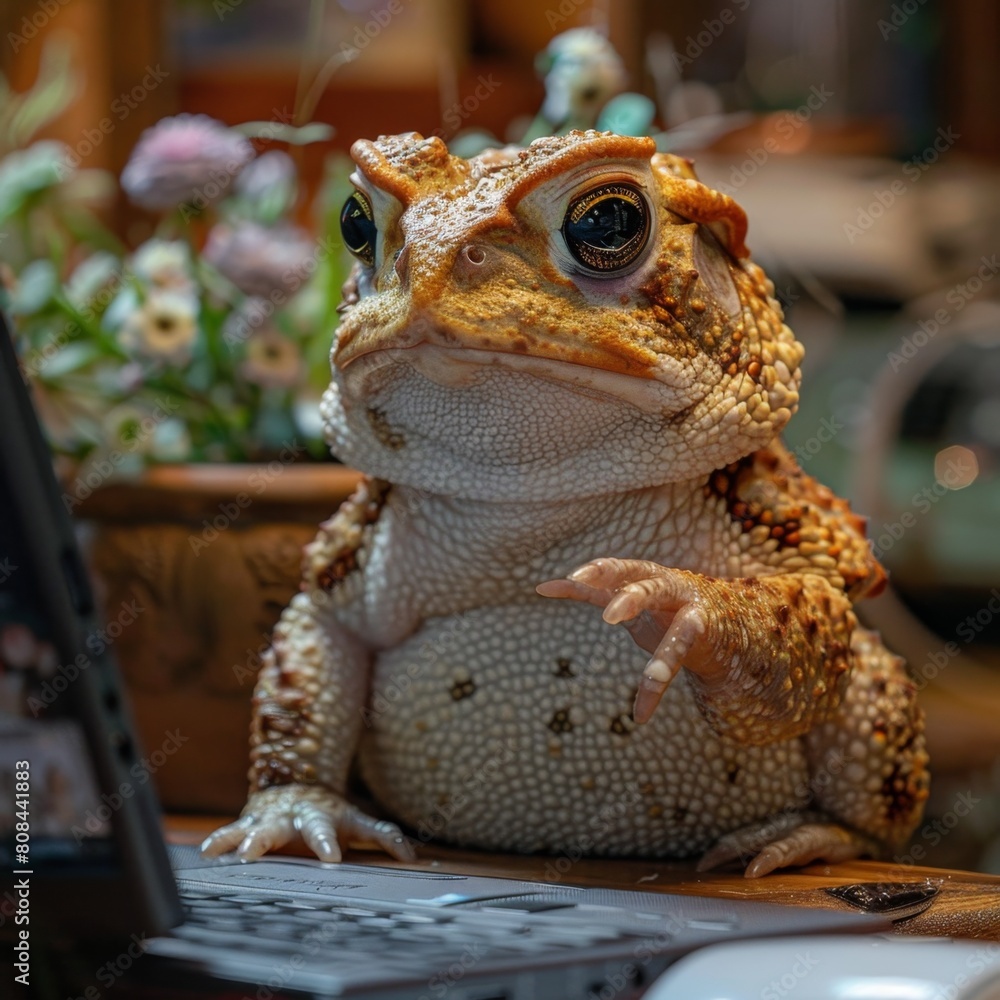 Toad is concentrating in front of the computer，Focused Frog Programming ...