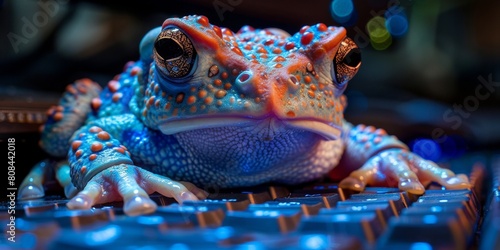 Toad is concentrating in front of the computer，Focused Frog Programming Code on Computer. 4K High Definition Wallpaper.