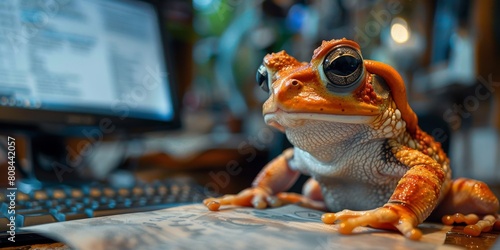 Toad is concentrating in front of the computer，Focused Frog Programming Code on Computer. 4K High Definition Wallpaper.