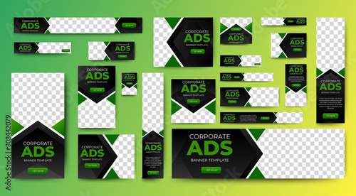 Professional business web ad banner template with photo place. Modern layout black background and green shape and text design © ahmad