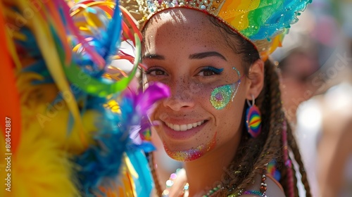 An individual in a multicolored costume and pride badge, posing for photos in front of a festival float.