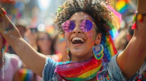 An individual wearing a bright rainbow scarf and a pride pin, leading a group of friends in a cheerful chant.