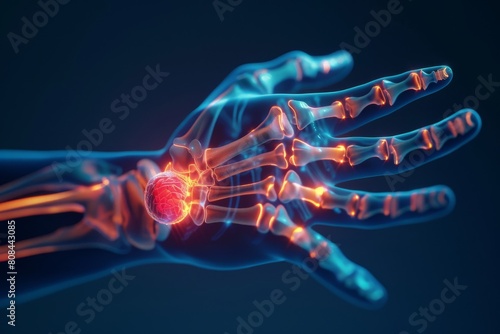 3D X-ray human body with hand pain, blue background. photo