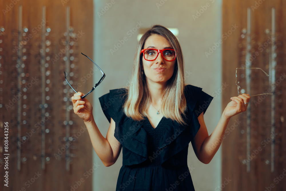 Φωτογραφία Undecided Woman Choosing a New Eyeglasses Frame