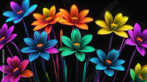 Multicolor neon light drawing  abstract shape flowers isolated on black background. Glowing line art. The Illumination of vibrant radiance of neon flower