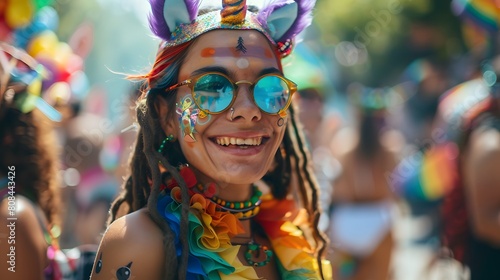 An individual with a rainbow unicorn headband and temporary tattoos, enjoying the pride festival with their friends.