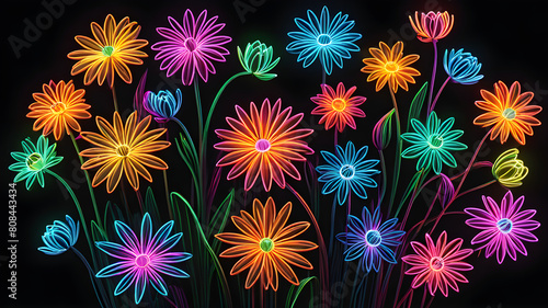 Multicolor neon light drawing  abstract shape flowers isolated on black background. Glowing line art. The Illumination of vibrant radiance of neon flower