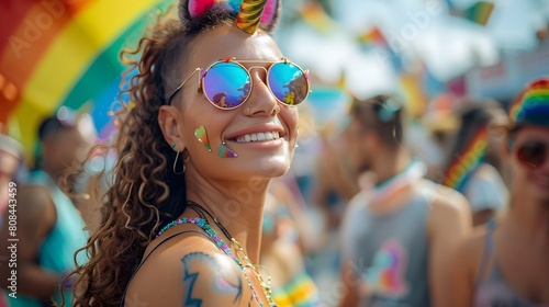An individual with a rainbow unicorn headband and temporary tattoos, enjoying the pride festival with their friends.