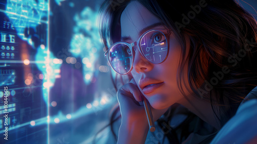 A young woman wearing augmented reality glasses. The reflection in her glasses displays complex digital data and stock market analytics, highlighting her engagement and thoughtfulness. photo