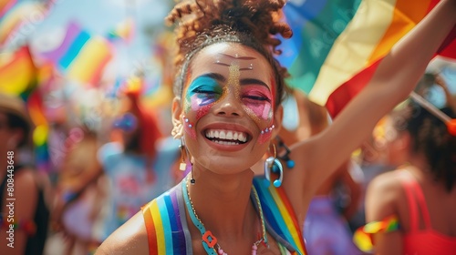 An individual with neon makeup and rainbow suspenders, celebrating with pride flags waving in the background.