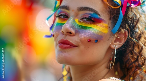 An individual with rainbow ribbons in their hair and face paint, blowing a kiss to the audience during the festival.