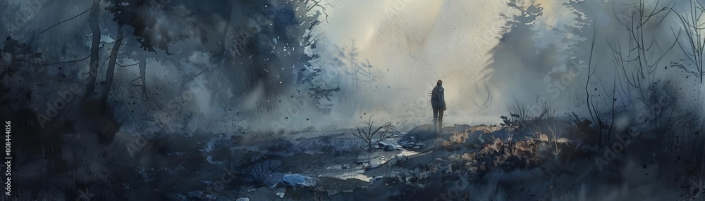 Craft a stunning piece featuring a rear view of a lone survivor in a dystopian world Utilize watercolors to bring out the desolation Show a wilderness camping scene with eerie lighting, emphasizing th