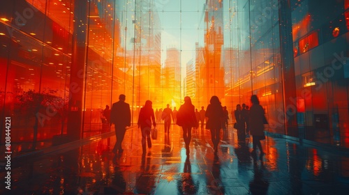 Group of business people walking in an office building with glass walls, with a double exposure effect. © DWN Media