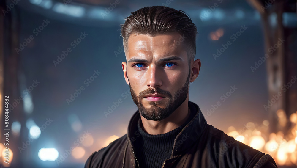 Handsome Man with Slicked Back Hair Trim Beard DOF Bokeh Background Handsome Man with Slicked Back Hair Trim Beard DOF Bokeh Background