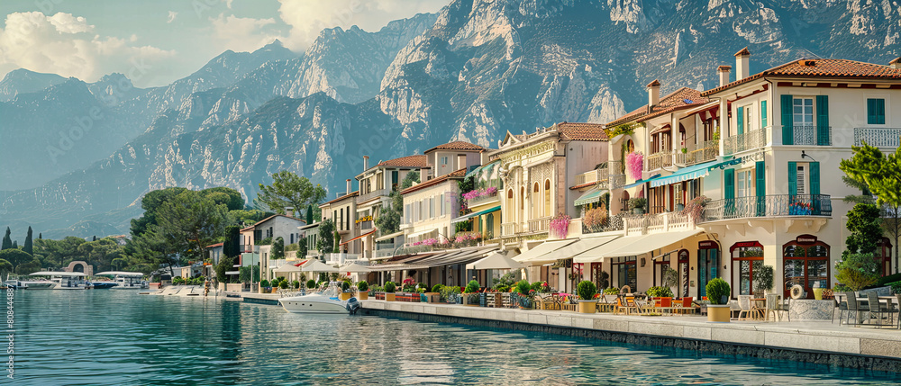 Serene Lakefront Town in Europe, Scenic View with Mountains and Traditional Architecture