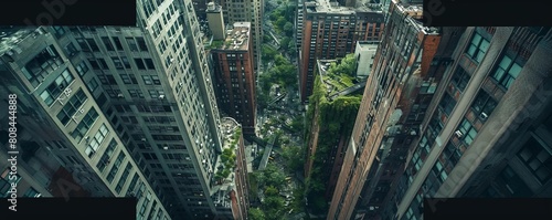 Craft a dystopian cityscape from above, showcasing crumbling skyscrapers, overgrown streets, and polluted skies Use unexpected camera angles to heighten the eerie atmosphere, emphasizing the desolatio photo