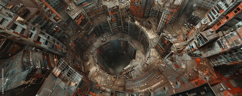 Paint a surreal aerial perspective of a dystopian metropolis in ruins, with twisted architecture, ominous shadows, and abandoned transport systems Explore an unconventional viewpoint to capture the ha Paint a surreal aerial perspective of a dystopian metropolis in ruins, with twisted architecture, ominous shadows, and abandoned transport systems Explore an unconventional viewpoint to capture the ha