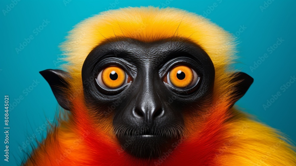 A playful gibbon with big eyes curiously peeks over a bright colored edge, Ai Generated