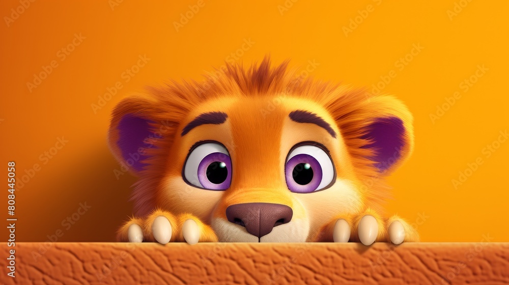 Fototapeta premium A playful lion with big eyes curiously peeks over a bright colored edge, Ai Generated