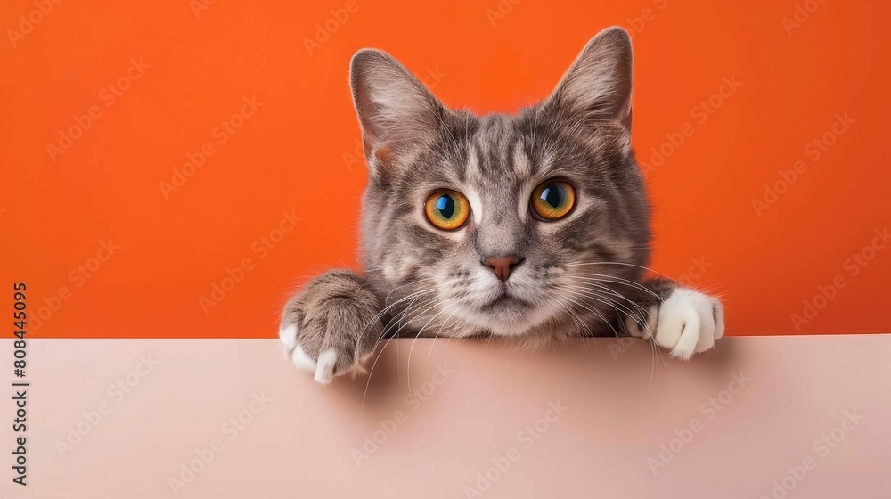 A portrait of a Scottish Straight cat holding a banner with its paws, set against an orange background, Ai Generated A portrait of a Scottish Straight cat holding a banner with its paws, set against an orange background, Ai Generated